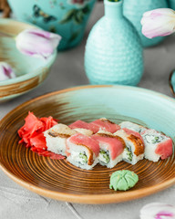 Sushi with fish rice ginger and wasabi