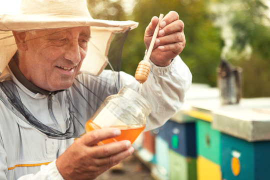 Beekeeper is working with bees and beehives on the apiary. He examining honey in jar.