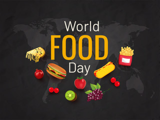 Typography of World Food Day with fruits and fast food elements decorated on black world map background. Can be used as banner or poster design.