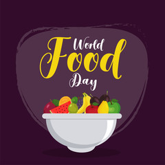 World Food Day poster or template design with bowl full of fruits on purple background.