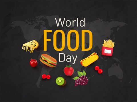 Typography of World Food Day with fruits and fast food elements decorated on black world map background. Can be used as banner or poster design. - Powered by Adobe
