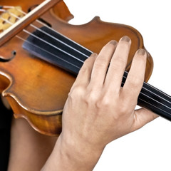 Hand of a female violinist on the fingerboard of a violin isolated on white