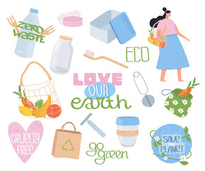 Collection of ecology, zero waste objects, lettering and people. Set reusable items or products. No plastic. Go green. Flat cartoon vector illustration.