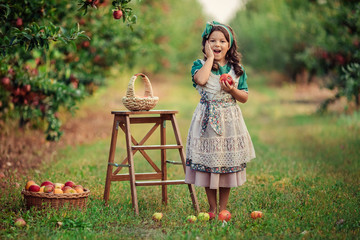 a dark-haired girl in a rustic dress in the apple orchard at the harvest holds apples in her hands and laughs, next to her are wicker baskets and a ladder