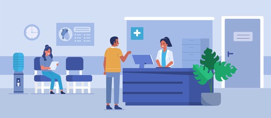 Man character talking with the woman receptionist at the hospital room. Patient waiting for the doctor. Doctor's office reception. Medical clinic concept. Flat cartoon vector illustration.