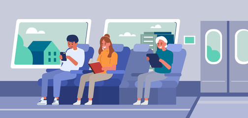 People travel by train. Male and female characters sitting on chairs in a train carriage. Passengers in railway transport. Public transportation concept. Flat cartoon vector illustration.  © Irina Strelnikova