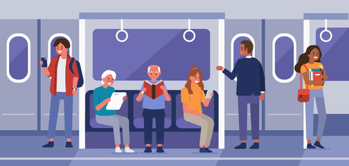 People travel  by underground train. Male and female characters sitting on chairs in metro wagon. Passengers in subway. Public transportation concept. Flat cartoon vector illustration. 