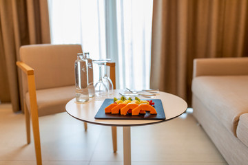 fresh fruits on a table in the hotel room