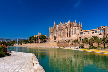 Exteror of Cathedral La Seu famous ancient tourist attraction in Palma de Mallorca, symbol of city, largest Gothic church most valuable building in Spain, Balearic Islands
