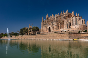 Exteror of Cathedral La Seu famous ancient tourist attraction in Palma de Mallorca, symbol of city, largest Gothic church most valuable building in Spain, Balearic Islands