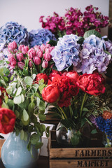 Beautiful fresh flowers at the florist shop: coral peonies, lavender coloured tulips, blue hydrangeas, purple Matthiolas