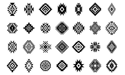Aztec vector elements. Set of ethnic ornaments. Tribal design, geometric symbols for tattoo, logo, cards, decorative works. Navajo motifs, isolated on white background. - obrazy, fototapety, plakaty