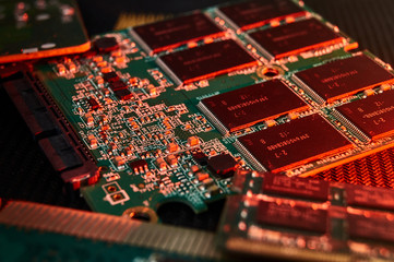 various chips, digital boards. Components of technical devices in creative lighting. Processor, RAM and other parts