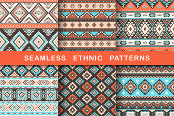 Cotton fabric Ethnic seamless patterns. Set of aztec geometric backgrounds. Collection of stylish navajo fabric. Tribal modern abstract vector illustration.