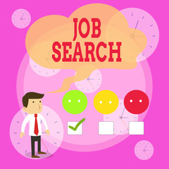 Writing note showing Job Search. Business concept for An act of demonstrating to find work suited for his profession White Questionnaire Survey Choice Satisfaction Green Tick