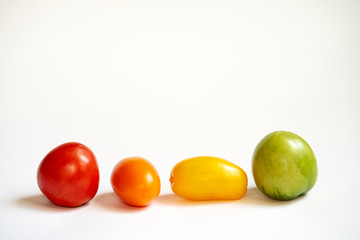 red, green and yellow tomatoes on white background