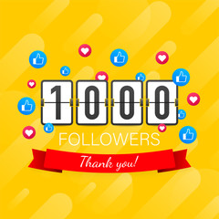 1000 followers, Thank You, social sites post. Thank you followers congratulation card. Vector stock illustration - obrazy, fototapety, plakaty