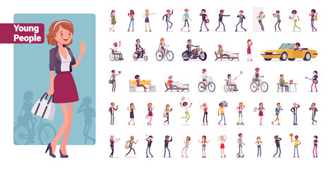Young folks big bundle character set. Active people of nice appearance wearing modern clothing enjoying youth, life in sport and misic Vector flat style cartoon illustration isolated, white background