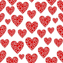 Seamless white background with red hearts of different sizes. Vector pattern of full color.  