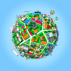 Round city and blue sky in 3d render