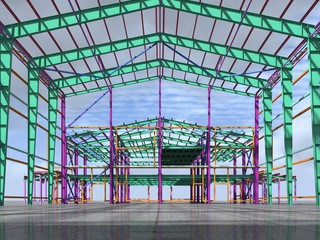 BIM building model of columns, beams, ties, girders. The metal structures are welded and bolted together. 3D rendering. The drawing of the building structure is made by an engineer.