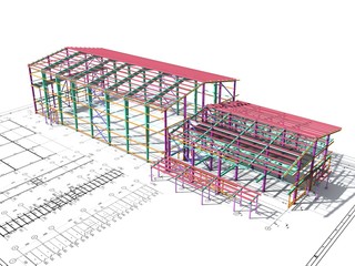 BIM building model of columns, beams, ties, girders. The metal structures are welded and bolted together. 3D rendering. The drawing of the building structure is made by an engineer.