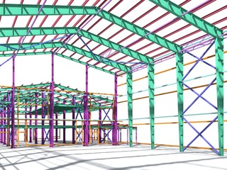 BIM building model of columns, beams, ties, girders. The metal structures are welded and bolted together. 3D rendering. The drawing of the building structure is made by an engineer.