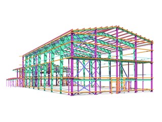 BIM building model of columns, beams, ties, girders. The metal structures are welded and bolted together. 3D rendering. The drawing of the building structure is made by an engineer.