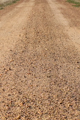 a red dirt gravel road with wheel tracks leading into the distance