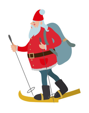 Merry Christmas and Happy New Year. Isolated Santa Claus with a gifts in a big backpack by ski on a white background. Vector cute illustration for background, card or poster.