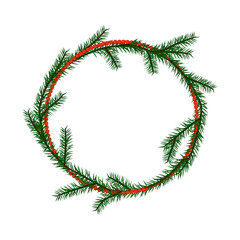 Fototapeta na wymiar wreath of green spruce branches with red beads on a white background