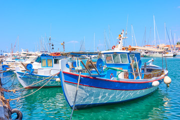 Fototapeta na wymiar Port of Aegina and old fishing boats