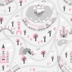  Koninkrijk naadloos patroon in grijs roze tinten. Kinder vectorillustratie in Scandinavische stijl met een spoorlijn en een trein, zee, schip, prinsessenkasteel. ideaal voor babytextiel © Світлана Харчук