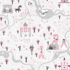 Seamless card pattern with prince and princess, unicorns and fairies, ship, river, castles, towers, dragon cave, carriage. Illustration in a children's cartoon scandinavian style ideal for textiles © Світлана Харчук