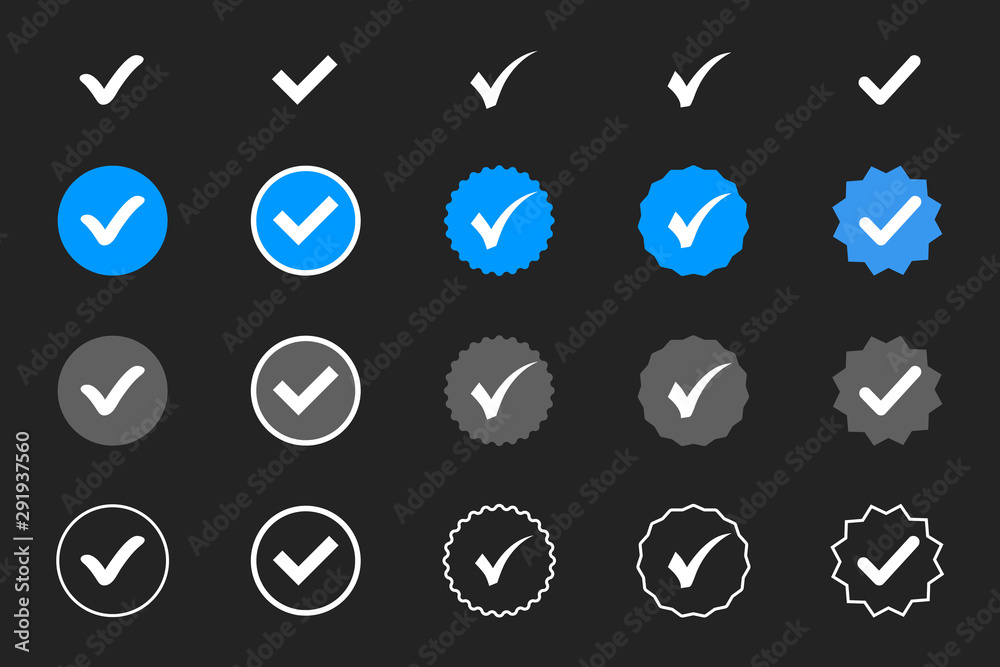 Poster Profile Verification. Verified badge. Set of verified icon with social media verified badge style. Approved icon. Accept badge. Check mark. Approved, verified and protected icons set