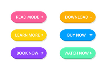 Set of vector modern trendy flat buttons.Call to action buttons; Read More, learn more, buy now, download, watch now, book more colorful button set. Different gradient colors and icons with shadows.