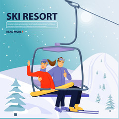 Winter vacations activity concept. Happy couple rise to the ski lift elevator. Pretty woman waving hand and handsome man giving thumbs up sign. Ski resort season is open. Vector illustration with copy