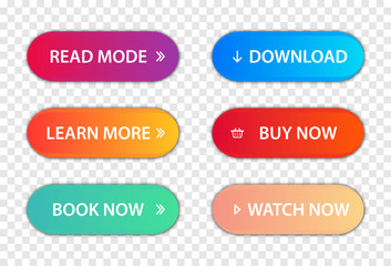 Set of vector modern trendy flat buttons.Call to action buttons; Read More, learn more, buy now, download, watch now, book more colorful button set. Different gradient colors and icons with shadows.
