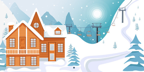 Ski resort banner illustration with wooden house and ski lift on snowy landscape with mountains, fir trees and snow hills. Vector illustration.