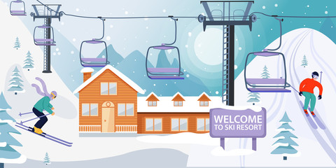 Ski resort banner illustration with ski lift and wooden house. Skiers sportsman slide down the slopes. Skiing in the mountains. Vector illustration.