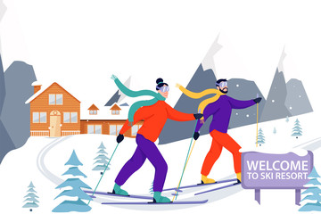 Ski resort banner illustration with skiers, wooden hotel and snowy mountains. Happy couple skiing in the mountains.  Welcome to ski resort. Vector illustration with copy space.