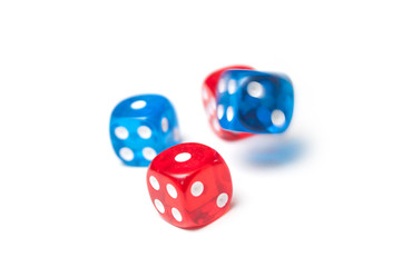 Closeup of colorful dices on white background