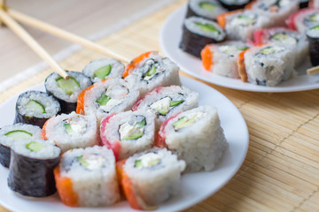 Sushi. Japanese national cuisine. Traditional fresh japanese sushi rolls