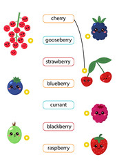 Cute cartoon kawaii berry. Match words with the correct pictures.