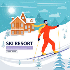 Ski resort banner illustration with skier, wooden hotel and snowy mountains. Happy man skiing in the mountains. Ski resort season is open.  Vector illustration with copy space.