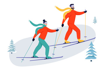 Sport activity illustration with skiers. Vector illustration.