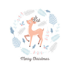 Merry Christmas card with cute deer. Vector