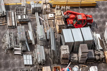 Aerial view of construction site with iron scuffolders