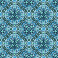 Seamless pattern blue and lime ornament mandala.