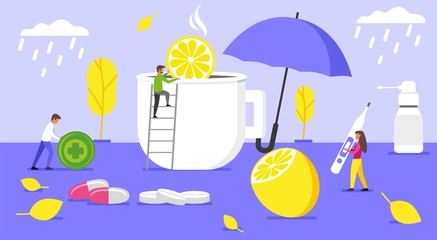 Autumn seasonal cold. Virus cure. Remedies for the treatment of colds. Preparations for the treatment of acute respiratory infections. Vector flat illustration. 